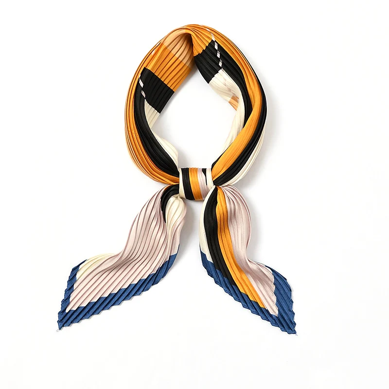 

2020 Square Crinkle Silk Scarf Women Color Strip Crumple Neck Wear Pleated Girl Handkerchief Bufanda de dama 70*70CM