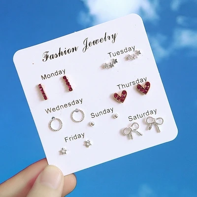 7 пар/компл.. Серьги Искусственный горный хрусталь каждый день разные