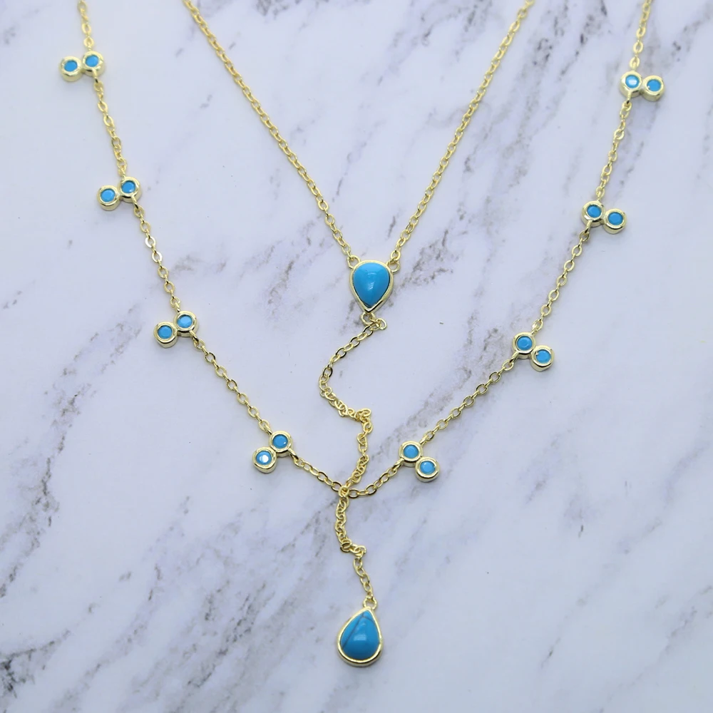 Женское Двухслойное ожерелье золотистого цвета с бирюзой очаровательные