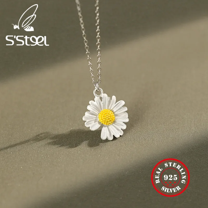 

S'STEEL 925 Sterling Silver Necklaces For Women Boho INS Simple Daisy Pendant Necklace Statement Kettingen Voor Vrouwen Jewelry