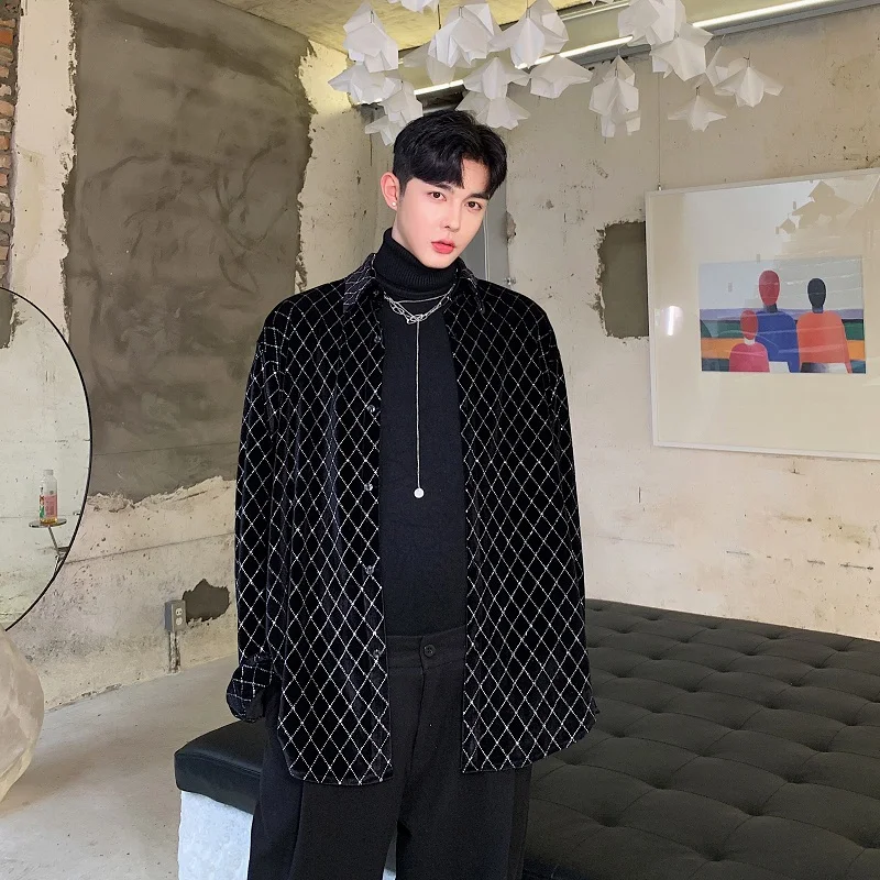 Мужской бархатный Блестящий клетчатый Свободный кардиган Повседневная рубашка