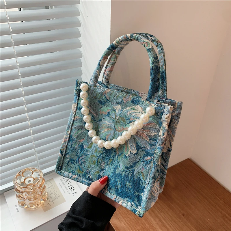 

Retro Flower Women's Handbags Pearl Chain Strap Ladies Floral Shoulder Bag Large Capacity Female Contrast Color Tote Bags Bolso