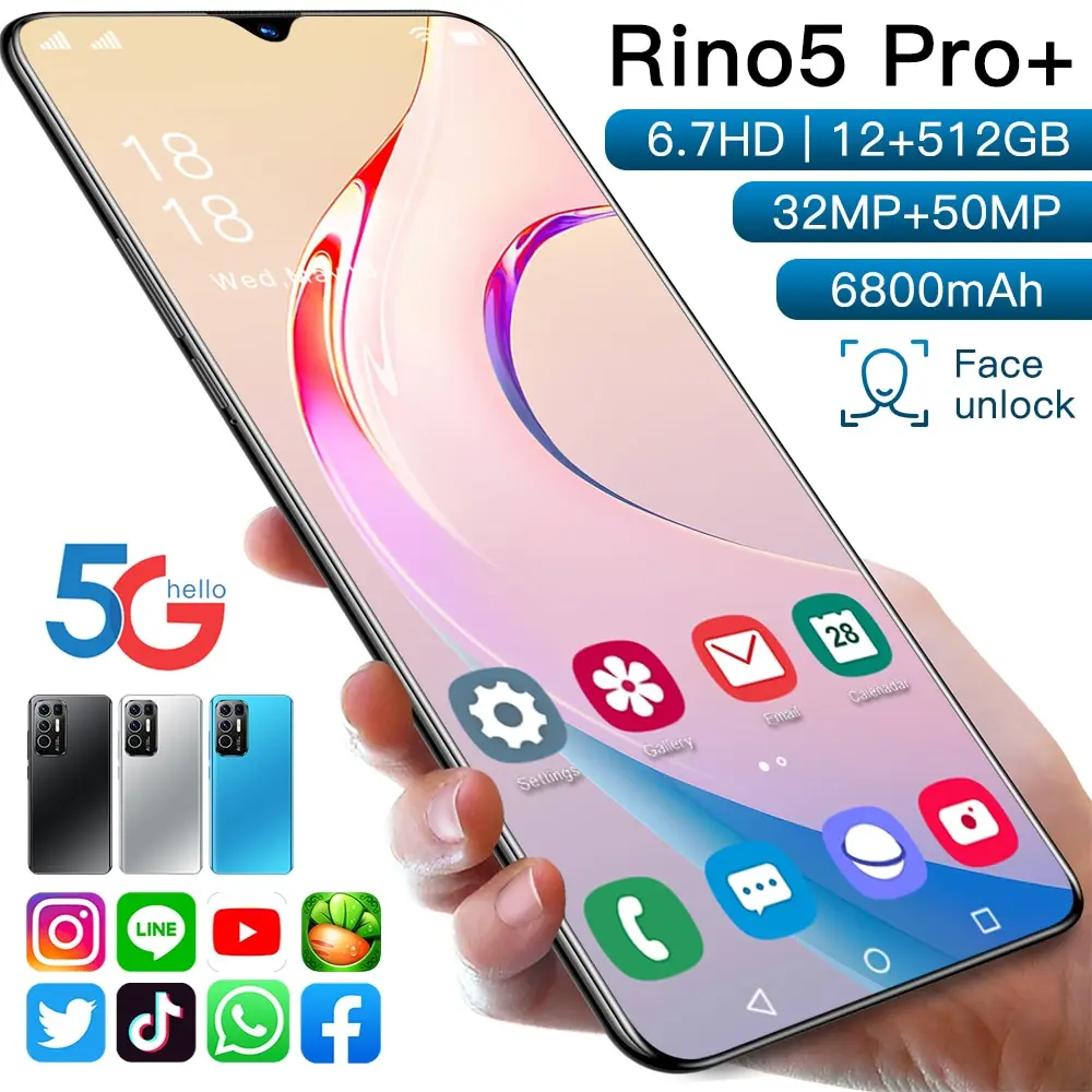 

Rino5 Pro + 6.7 Inch Full Screen 12gb Ram 512gb Rom 32 + 50mp Andriod 11 Smart Phone Deca Core 6800mah Dual Sim + Micro Sd