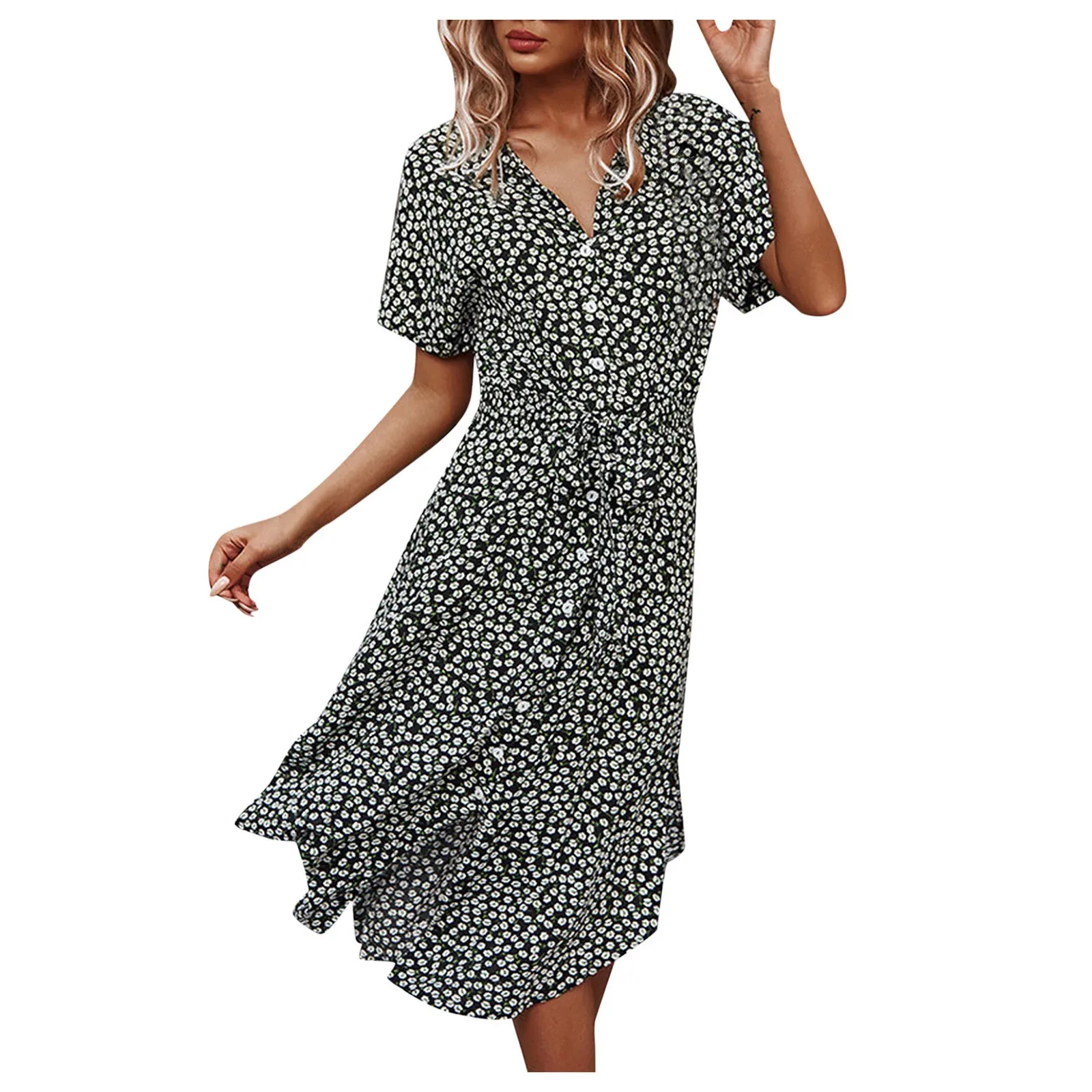 

Floral Long Skirt Ladies Casual Dress Elegant Temperament Cash Lace Buttons Fashion All-Match Women's Clothing Vestidos 2021 New