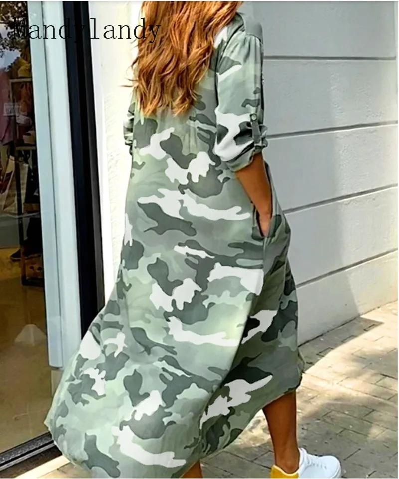 

Mandylandy Maxi Shirt Dresses for Women Spring Summer Fashion Camouflage Print Sequins Pocket Design Half Sleeve Loose Dress