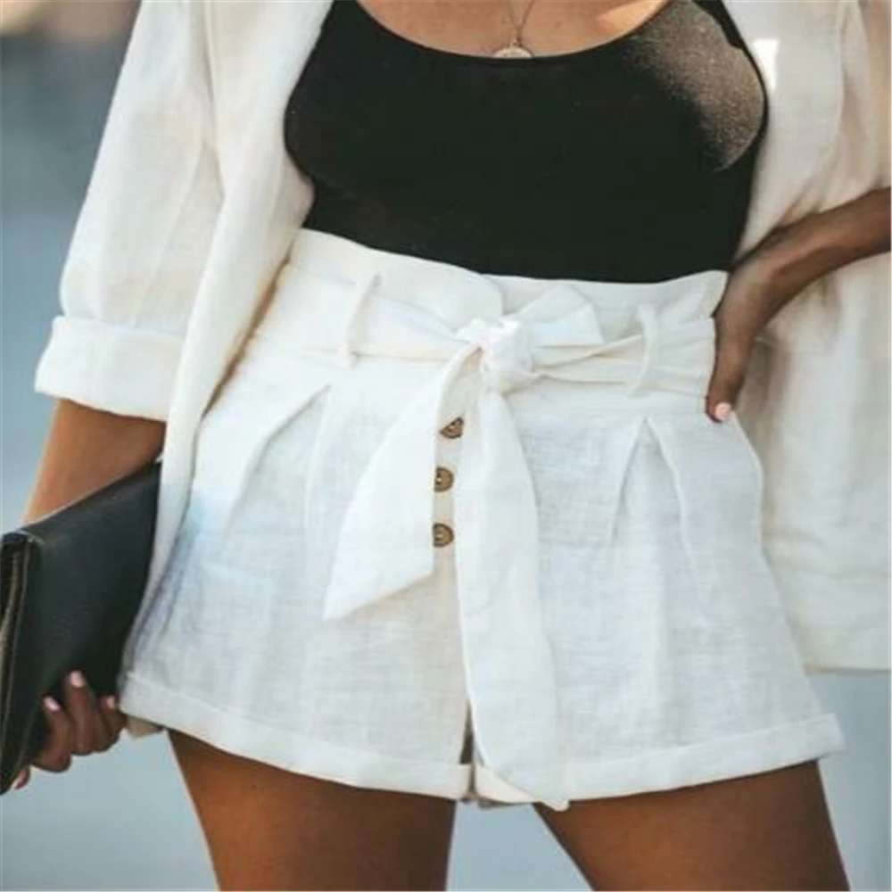 

2019 New Fashion Women's Casual Loose Button High Waisted Drawstring Short Mini Slim Shorts Hot