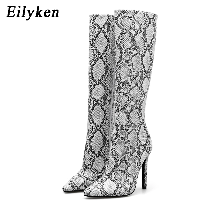 Eilyken; Новинка; большие размеры 35-40; женская обувь со змеиным принтом; пикантные модные сапоги до колена на тонком каблуке и молнии; женская обувь; Размеры 35-40