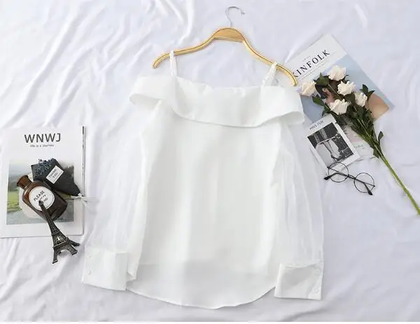 Chiffon Shirt Transparent Sleeve Slash Shoulder Spaghetti Tops 2021 Spring Buttoned Up Blouse For Women Fashion Shirt