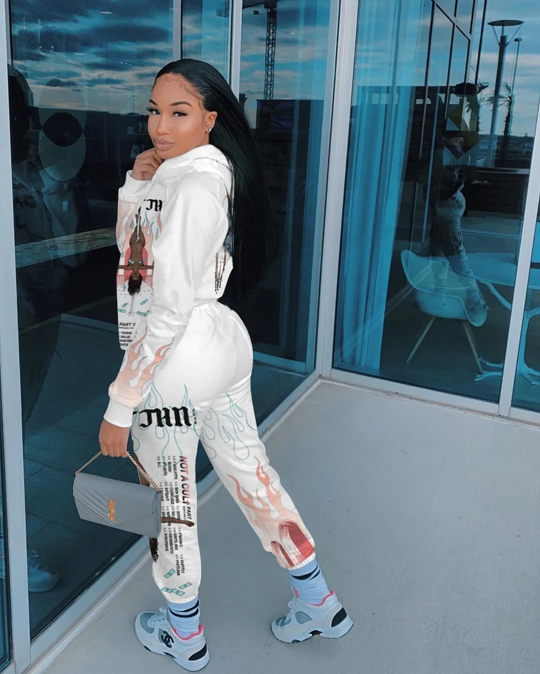 

2020 Autumn Winter Fashion European and American Hot Style Cartoon Letter Printing Hooded Sweater Two-Piece Women's Clothing