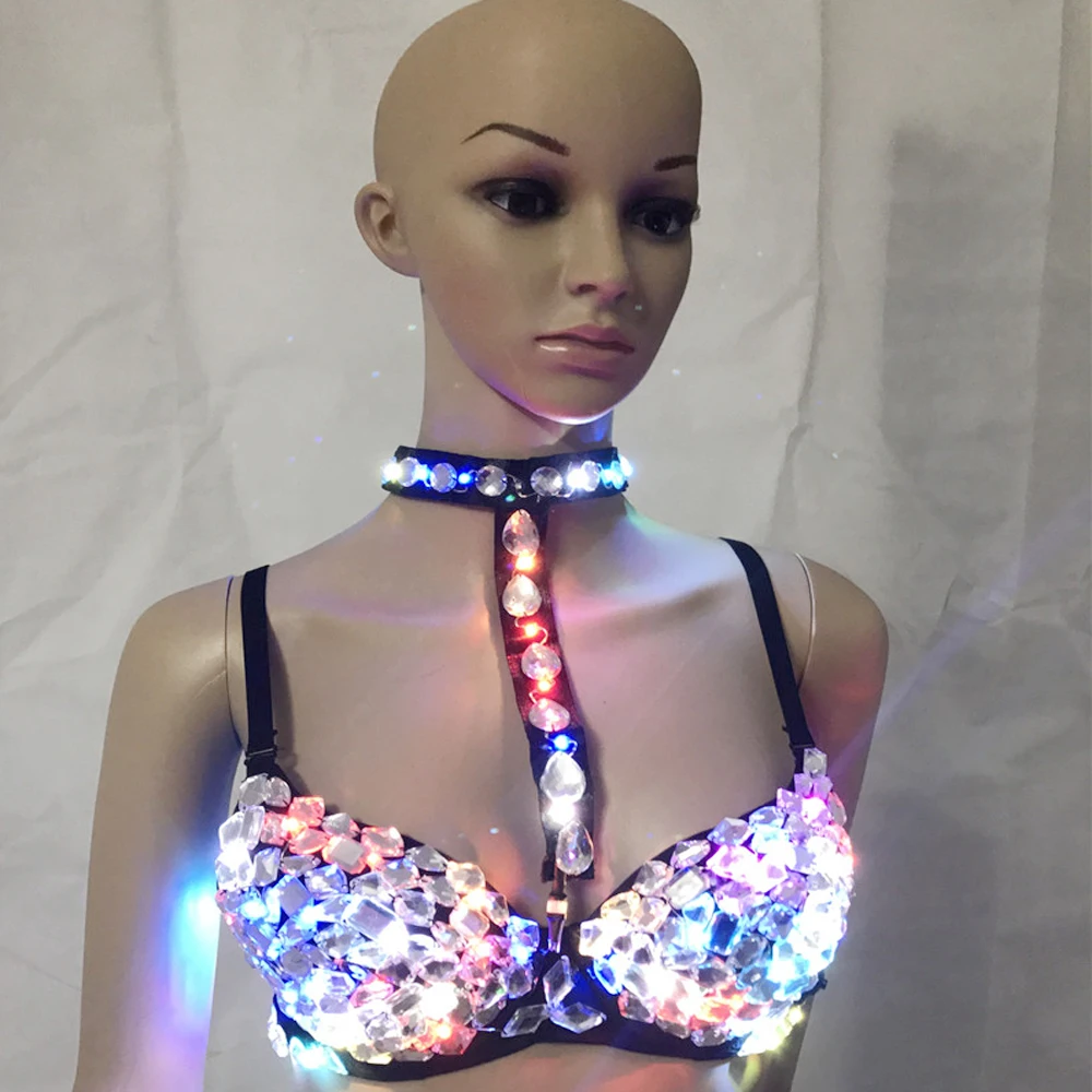 Женский пикантный серебристый светодиодный бюстгальтер со сверкающими