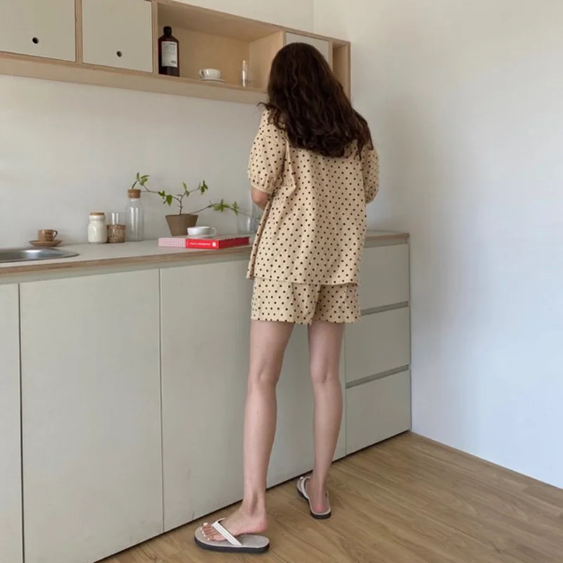 

Ladies Korean Pajama Summer Sweet Polka Dot Homewear Cute Girls Fresh Short Sleeve Blouses+Shorts Sleepwear Cardigan Thin