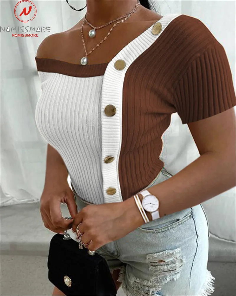 Пикантная Женская летняя футболка однобортный облегающий пуловер с