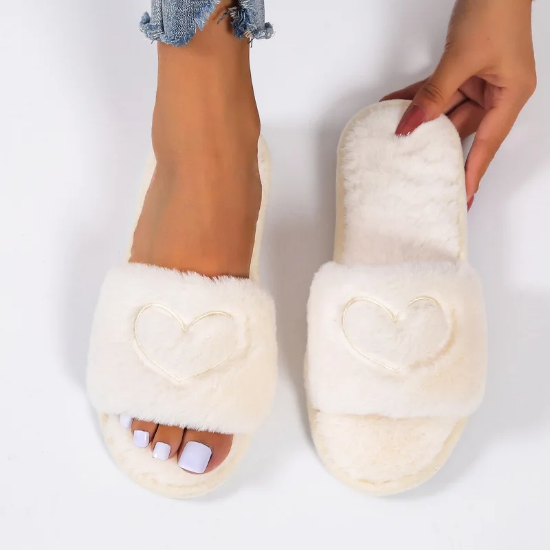 

Plus Size Women's Home Soft Slippers New Style Autumn Indoor Girl Shoes Solid Flat Heels Casual Warm 2021 Winter Furry Slides