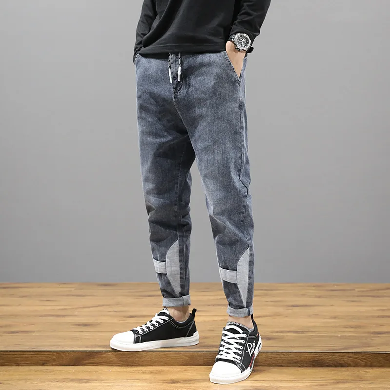

Spring Autumn 2022 Fashion Denim Jeans Men's Tide Brand Loose Elastic Harem Pants Elastic Waist Feet Pants Stitching Men's Pants
