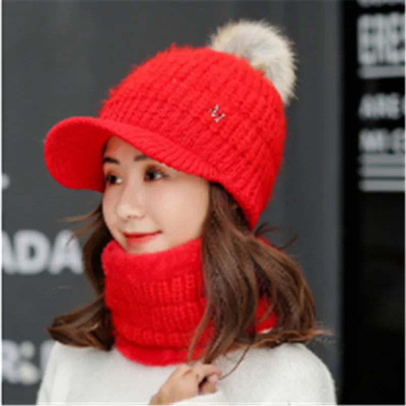 Осень зима 2020 теплая шапка шарф комплект вязаный шерстяной мяч два предмета