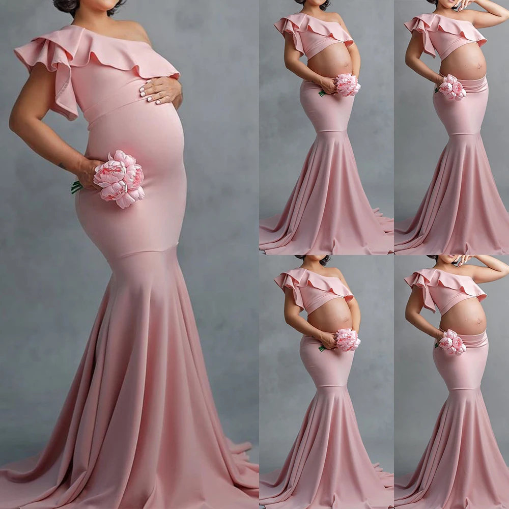 

Maternity Dresses For Photography Ruffles Long Sleeveless Sexy Dress Photo Shoot Lace Trimming Props Pregnant Women Maxi Gown