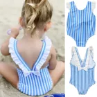 Купальник-бикини для маленьких девочек, Цельный купальник в голубую полоску с оборками и принтом, пляжная одежда, купальник детский