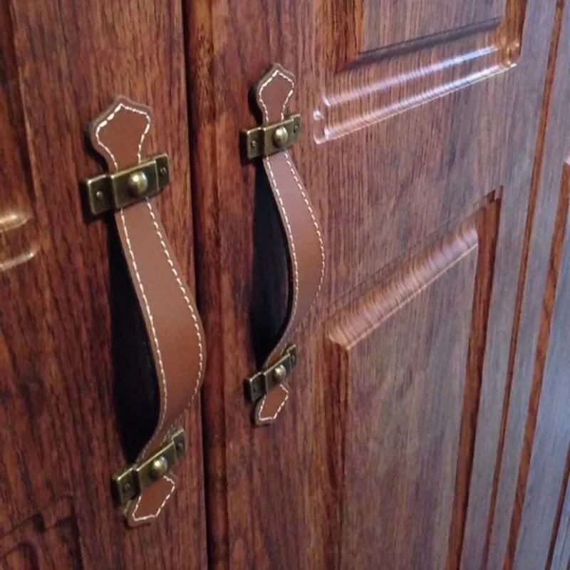 Винтажная кожаная мебель ручки 96 128 мм двери пояс Потяните для шкафа ящика Сумки