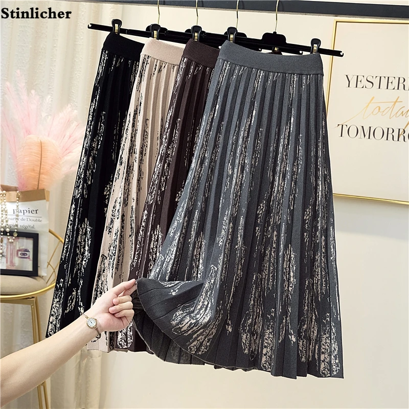 

Vintage printed knitted skirts women autumn winter warm casual elastic waist pleated long skirts ladies all-match midi skirts