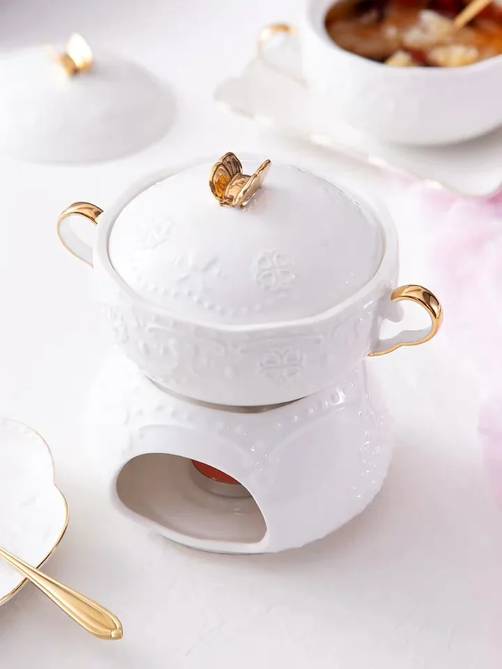 

Dessert Ceramic Bowl Stew Pot With Saucer Spoon Double Ear Household Tureen Egg Milk Frying Pan Steam Pots Cookware