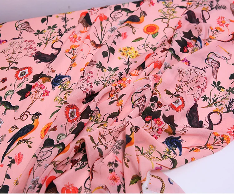 

138*200Cm100% silk crepe de chine printed fabric pink brand mulberry silk shirt dress fabric