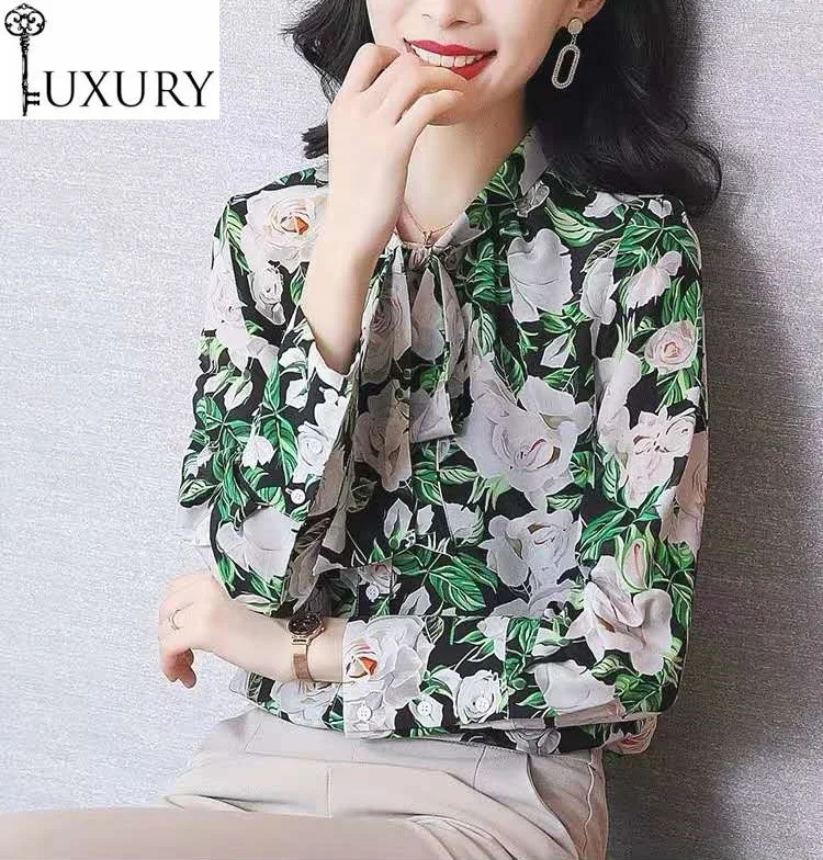 2020 100%Silk Spring Blouses Summer Shirts Women Bow Collar Green Leaves Flower Print Long Sleeve Casual Tops Shirt Elegant Lady