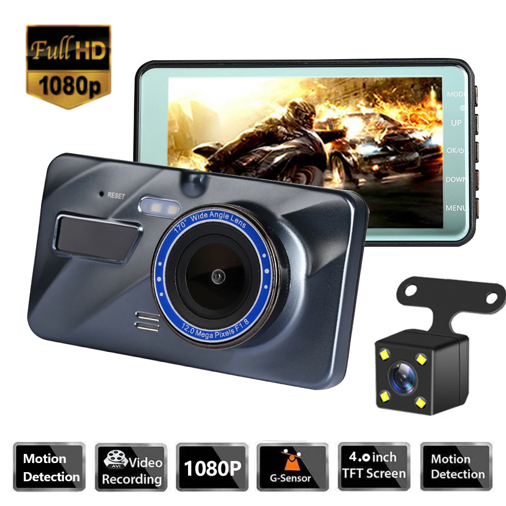 

Видеорегистратор VODOOL, 1080P HD, 4 дюйма, IPS, G-датчик, два объектива, ночное видение, Автомобильная камера заднего вида, циклическая запись