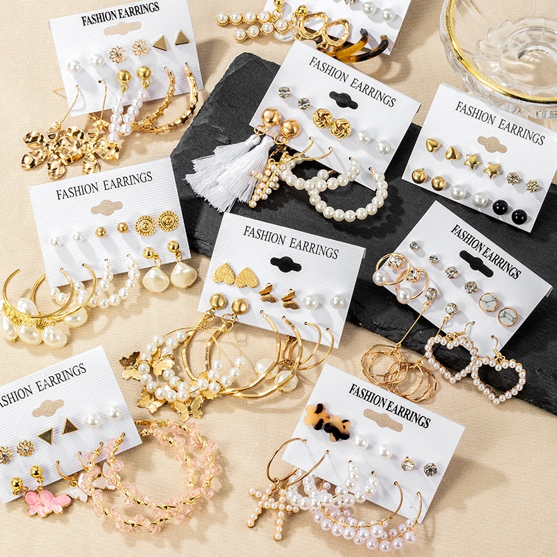 

2021 Trendy Pearl Hoop Earrings For Women Fashion Gold Geometirc Circle Butterfly Earrings Set Brincos Gift Wedding Jewelry