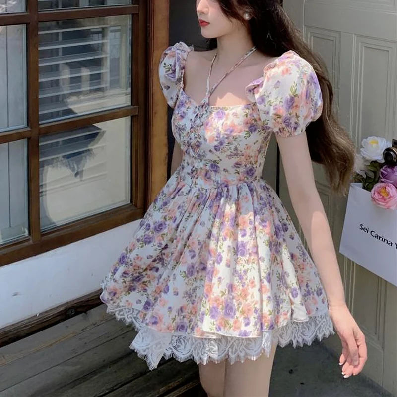 

Vintage Floral Dress Women Summer Party Strapless Elegant Sweet Mini Dress Female 2021 Sexy Design Short Sleeve Chic Fairy Dress