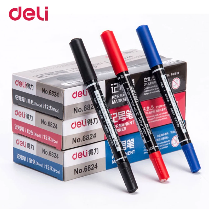 

Deli 6824 3 Colors Dual Tip Marker Pen Quick-drying Permanent Art Marker for The Eyeliner Quality Metal Fabric for Drawing Oil