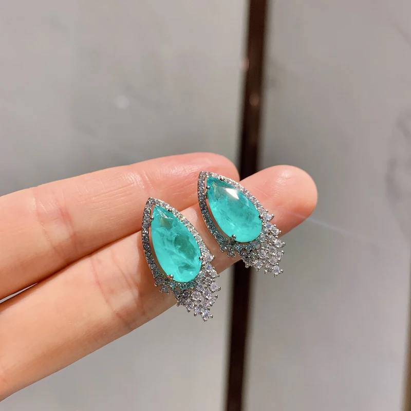 

Knobspin 2021 New Sell Well Charm Zircon Simulation Paraiba Tourmaline Earrings 8*16 Pendant 15*25 Fashion Jewelry Set Wholesale