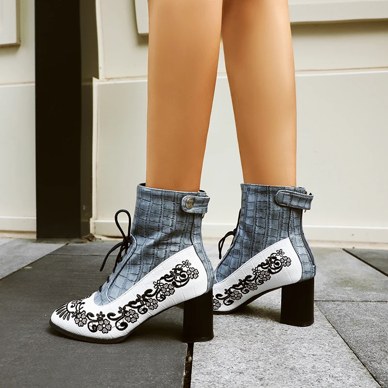 Retro Printed Booties Leather Women Ankle Boots Embroidery High Heels Casual Woman Shoe Zipper Vintage Female Footwear Boot 37