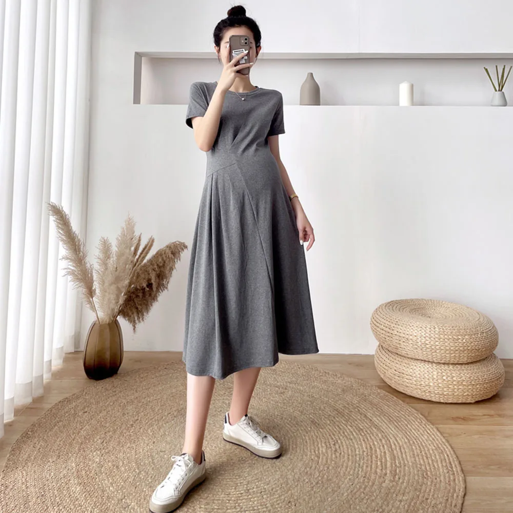 

2021 Korean Fashion Casual Summer Women's Dress Simplicity Elegant Thin Popular Solid Color Round Neck Summer