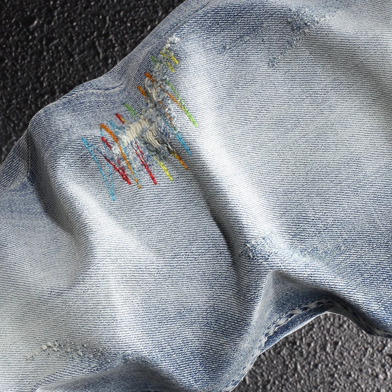 Newly Vintage Fashion Men Jeans Retro Light Blue Slim Fit Elastic Ripped Jeans Men Embroidery Designer Casual Hole Denim Pants