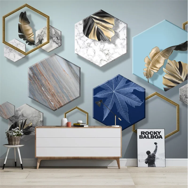 

Custom Mural Wallpaper Modern Minimalism Geometric Golden Plant Leaf TV Background Wall Painting