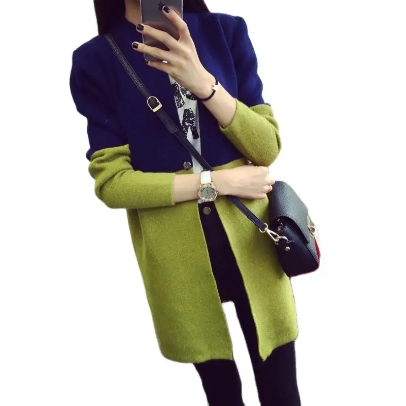 2021 Spring Autumn Cardigan Fashion Hit Color Slim Long Women's Brand cashmere material loose sweater female outerwear coat |