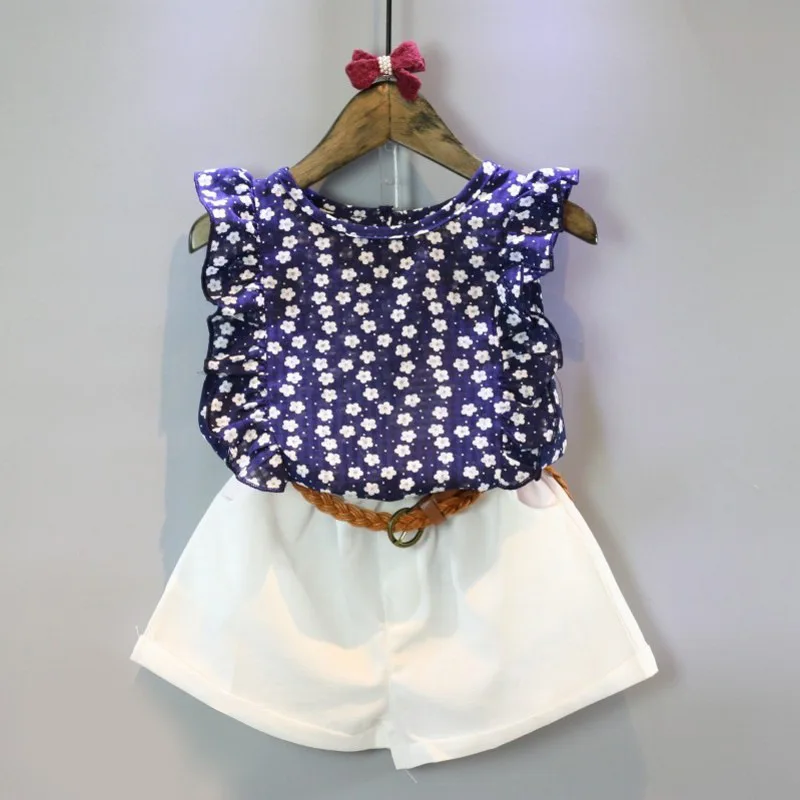 

Summer Girls clothing set Flower sleeveless Blouses shorts+shirt O-neck shirts Fashion children kids clothes suit Girl Outfits