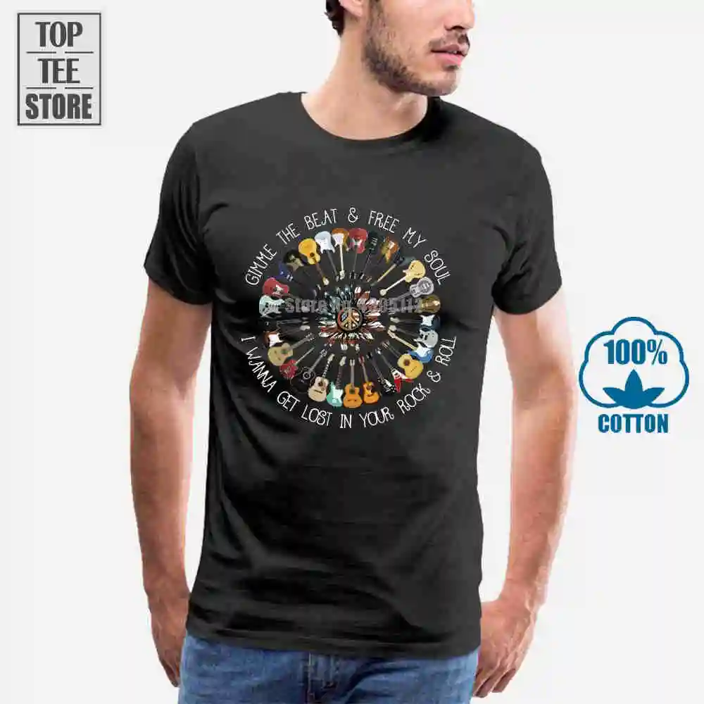 Хиппи Америка гитара Gimme The Beat & Free My Soul Футболка Черная Мужская S 6Xl|Мужские