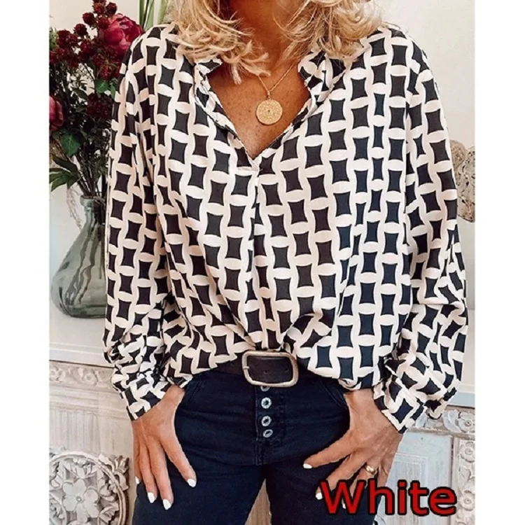 

Women's Shirt Autumn Temperament Stand Collar Geometric Print Loose Pullover Long Sleeve Lady Casual Shirt 2021 Tops