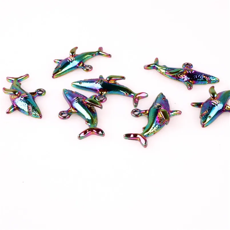 

10pcs Rainbow Color Punk Shark Ocean Animal Beach holiday Alloy Pendant charms for Necklace Jewelry Accessories Christmas Gift