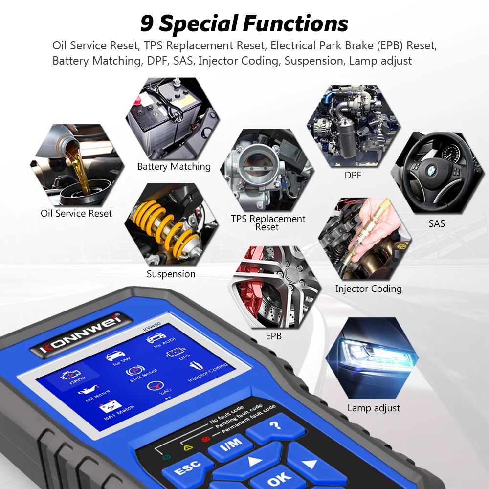 OBD2 диагностический инструмент KONNWEI KW450 для автомобилей VAG VW Audi ABS подушка