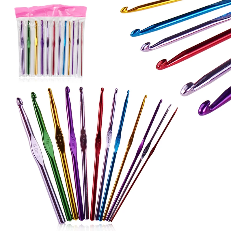 

Brand New 12Pcs Metal Handle Crochet Hook Colorful Knitting Needles Set Aluminum Bamboo Sewing Needles Agujas De Crochet 2mm-8mm