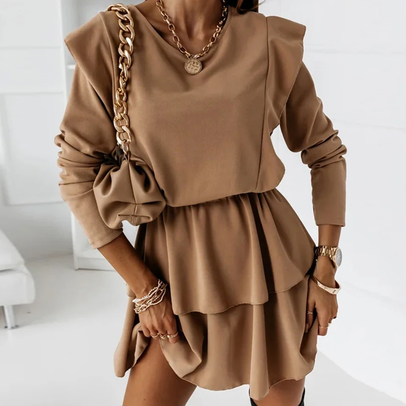 

Autumn Fashion Women A-Line Dress Solid Color Ruffles Long Sleeve O-Neck Casual Mini Dresses 2021 Street Style Party Woman Dress