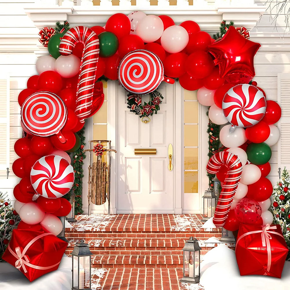 

200pcs Christmas Balloon Garland Arch kit Red White Candy Balloons Deer Foil Ball DIY Santa Claus Navidad Canes Globos Balloons