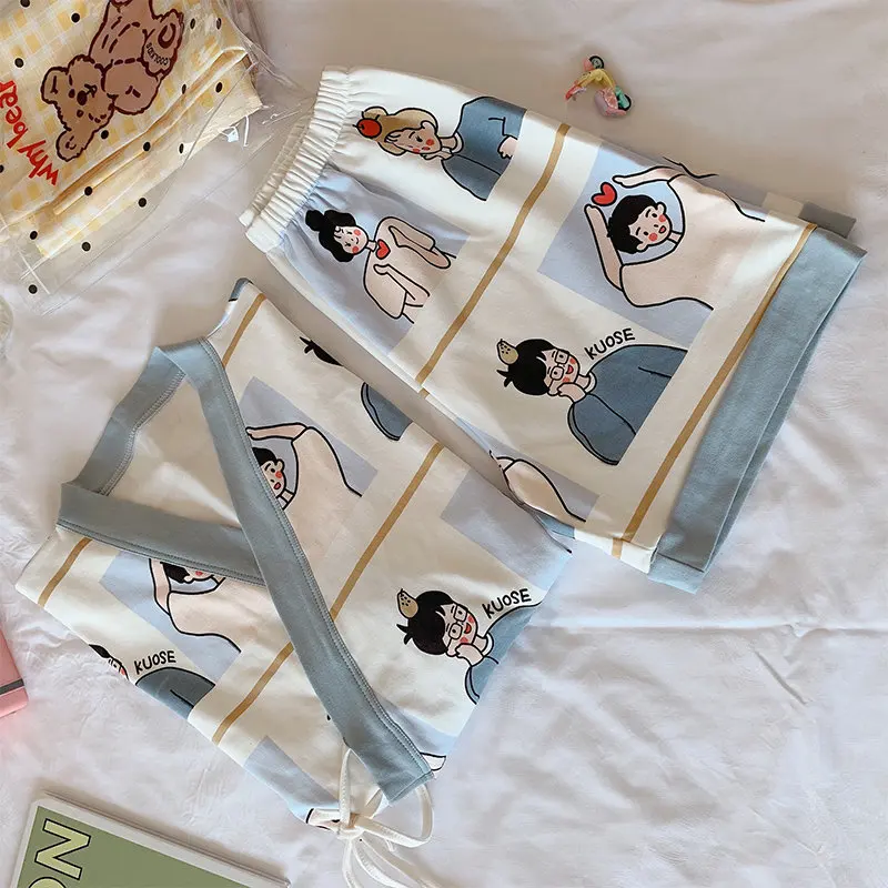 Kimono Pajamas For Women Cotton Cozy Homewear Short Sleeve 2022 Japan Anime Kimono Mujer Pink Peach Harajuku Girls Sleepwear