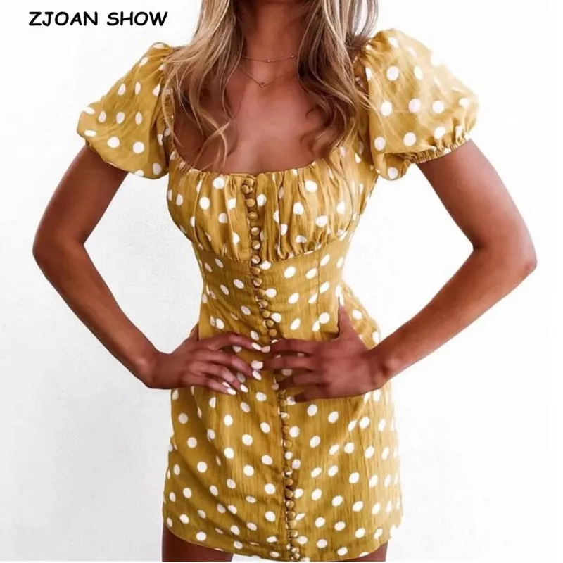 2020 французское короткое платье в белый горошек желтое Ретро женское однобортное