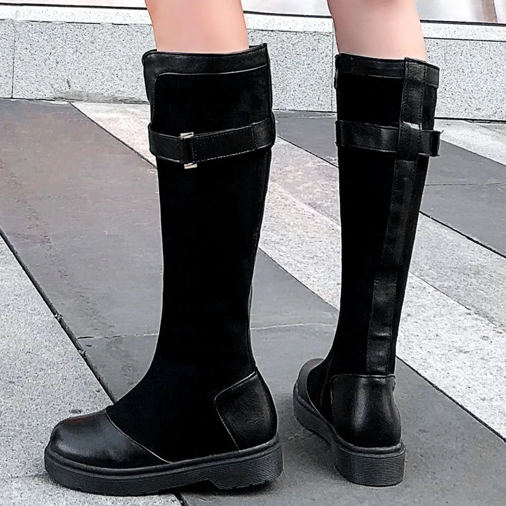 Высокие сапоги до бедра зимние водонепроницаемые с круглым носком и пряжкой