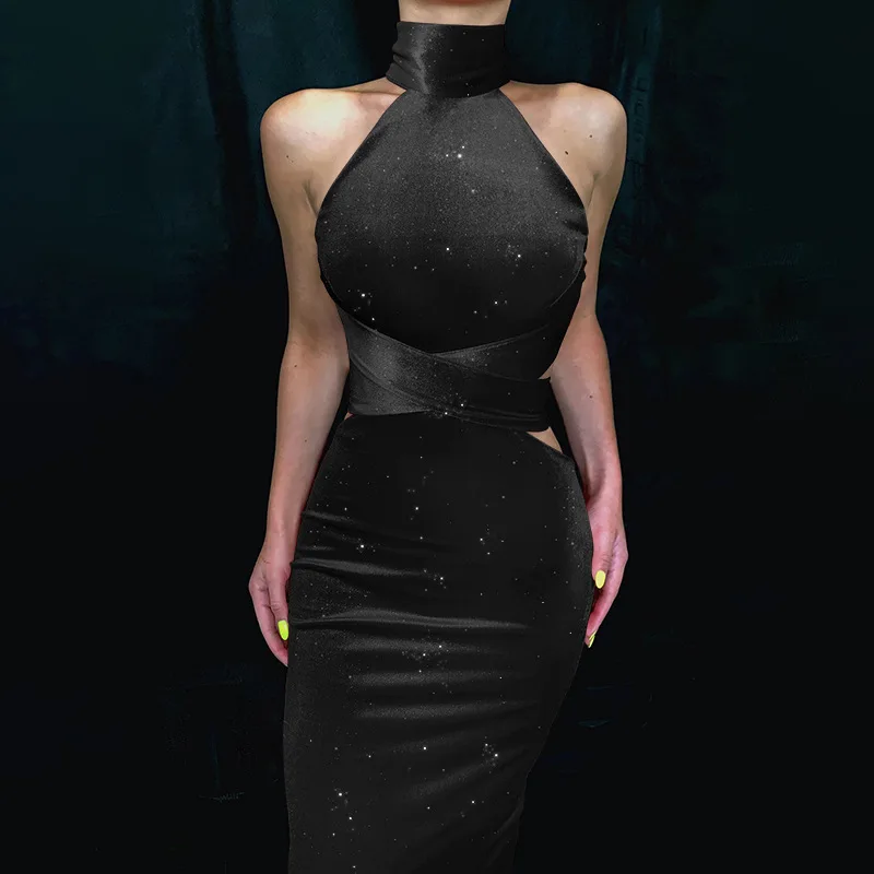 

Dress Women Sexy Glitter Korean Velvet Cross Halter Vest Dress Skirt Slim Temperament Dress Woman Spring Dresses 2021