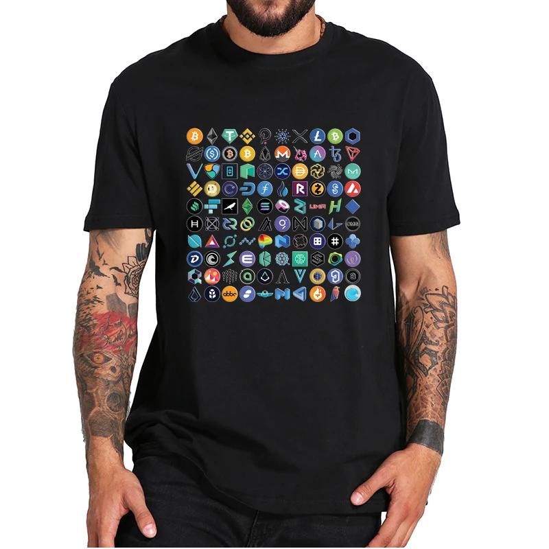 

Crypto Logos T-Shirt Classic Bitcoin Cryptocurrencies Blockchain Trader Essential Tee Tops 100% Cotton EU Size Homme Camiseta