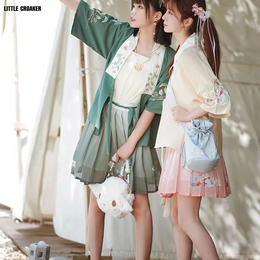 

Оригинальная женская повседневная юбка Hanfu с коротким рукавом и вышивкой в стиле ханьфу, одежда в китайском стиле, летняя одежда для девочек